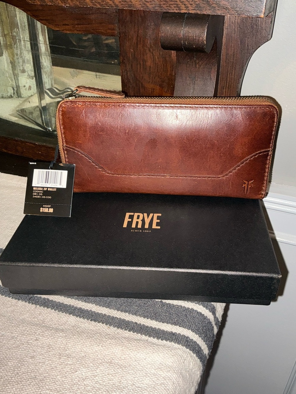 NWT Frye Leather Melissa Zip Around Wallet Cognac Brown With Box Retail $158